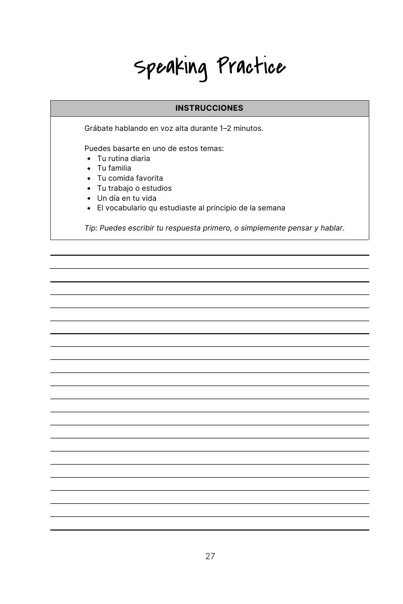 Página de práctica oral con propuestas para hablar en voz alta