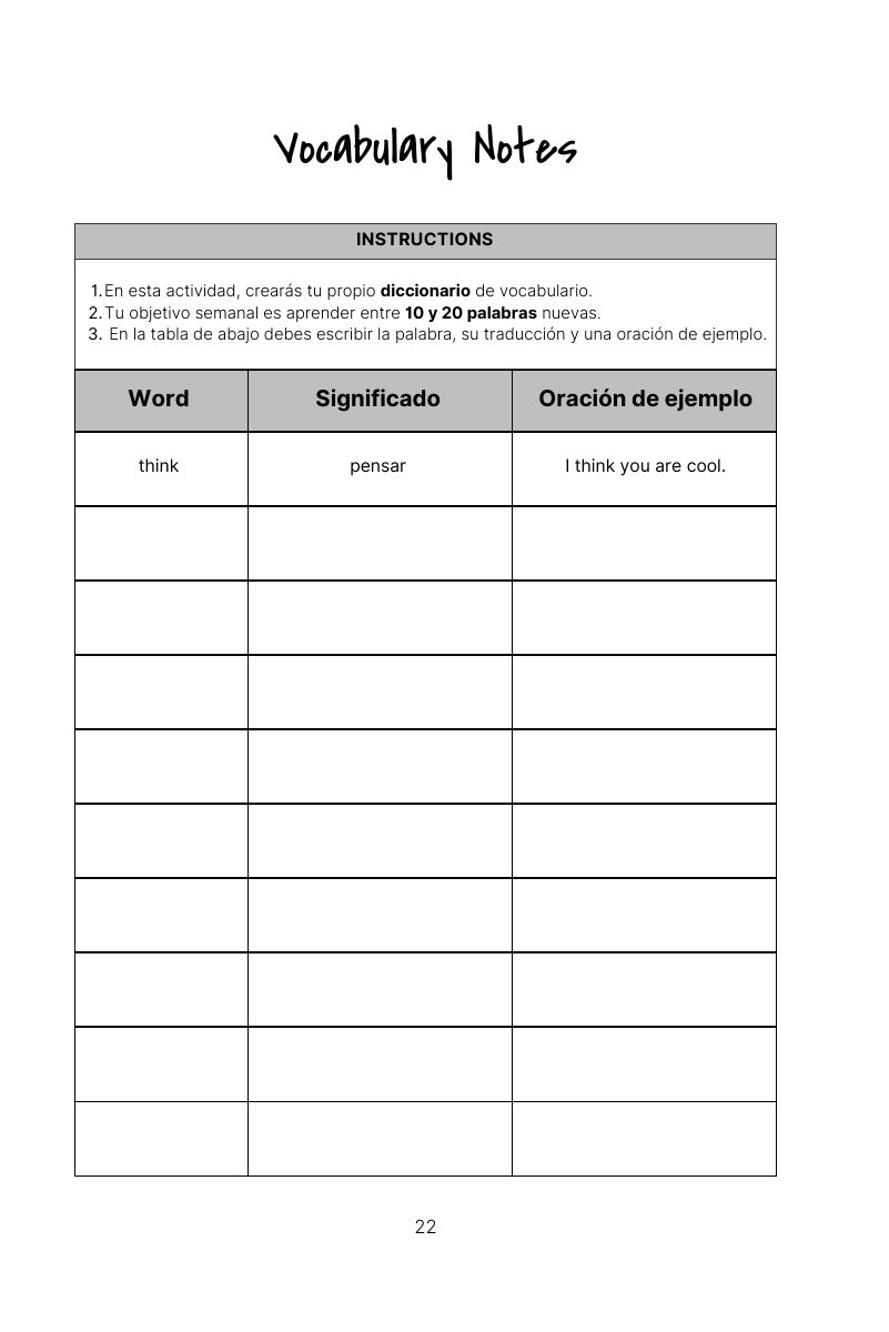 Página para anotar palabras nuevas, significado y frases de ejemplo